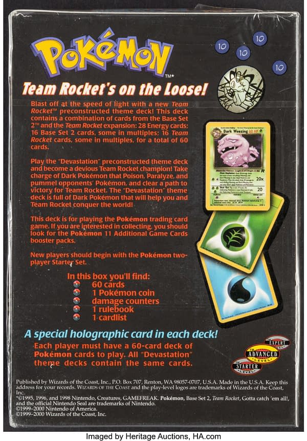 The back of the box for the Devastation theme deck from the Pokémon TCG's Rocket expansion. Currently available at auction on Heritage Auctions' website.