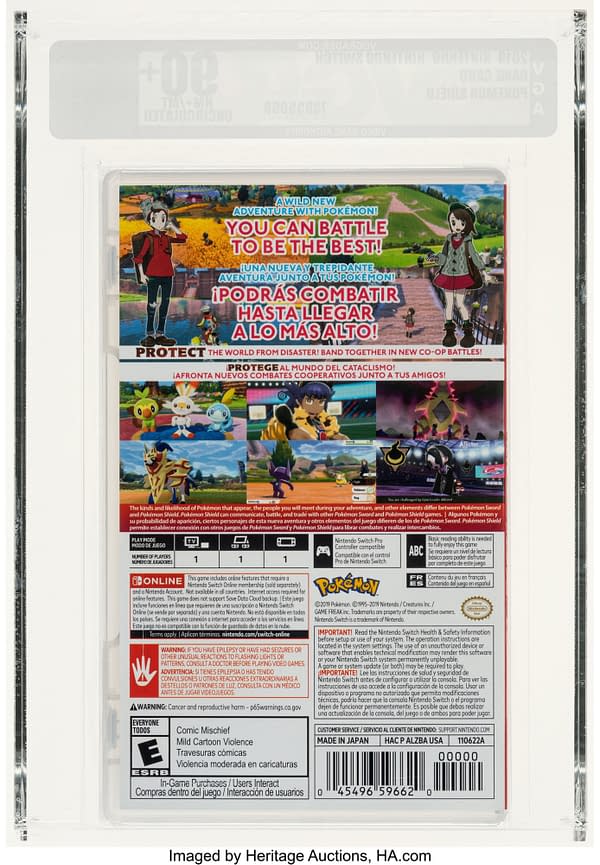The back cover of the case of Pokémon Shield Version, a game for the Nintendo Switch console. Currently available at auction on Heritage Auctions' website.