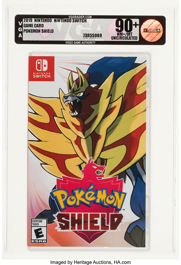 The front cover of the case of Pokémon Shield Version, a game for the Nintendo Switch console. Currently available at auction on Heritage Auctions' website.