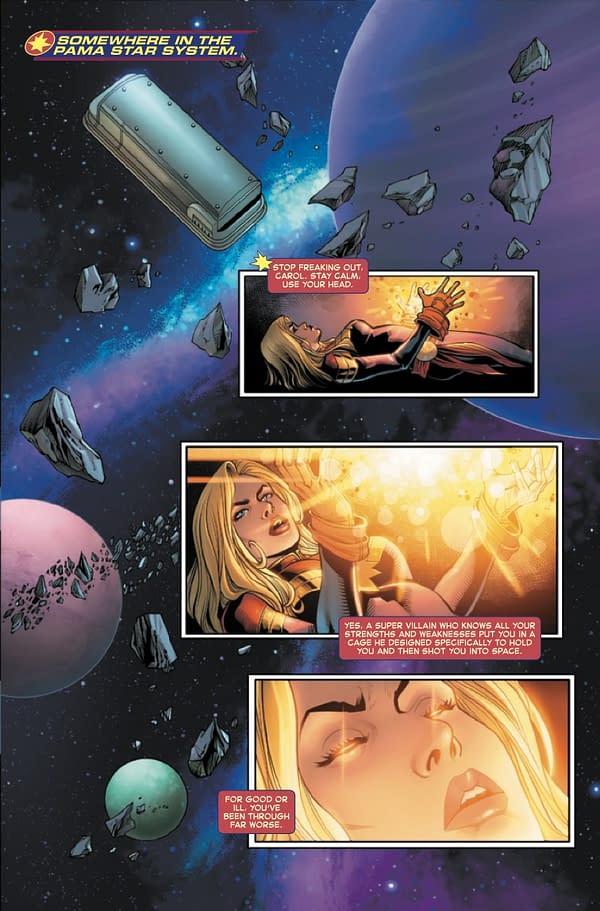 Preview page from Captain Marvel #34, by Kelly Thompson and Sergio Davila, main cover by Iban Coello, in stores Wednesday, 1, 2021 from Marvel