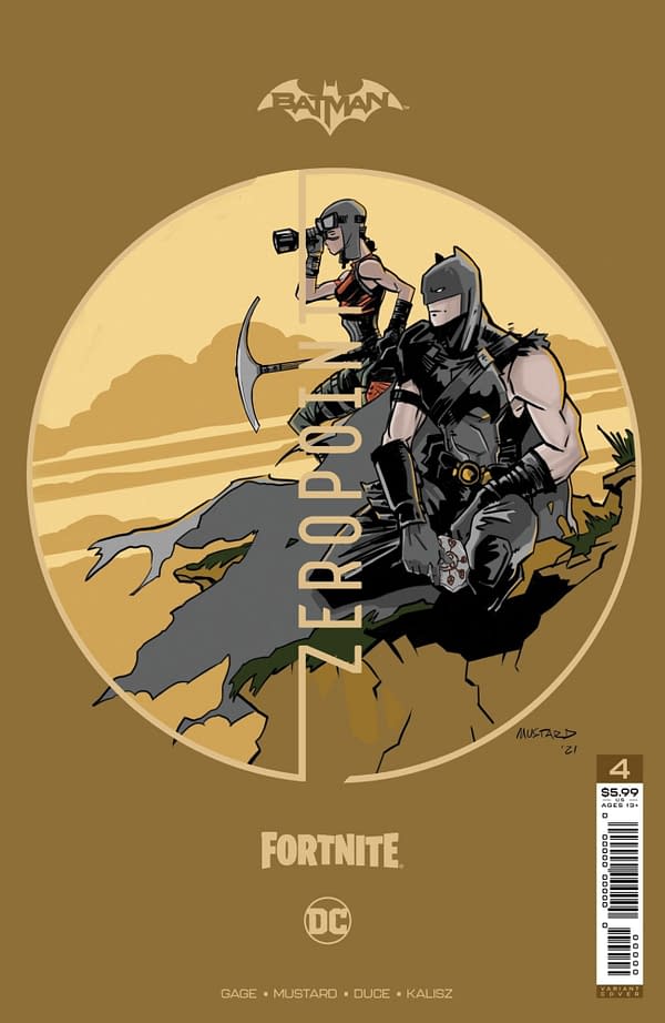 Donald Mustard premium variant cover to Batman/Fortnite #4, by Donald Mustard, Christos Gage, Christian Duce, Nelson Faro DeCastro, and John Kalisz.