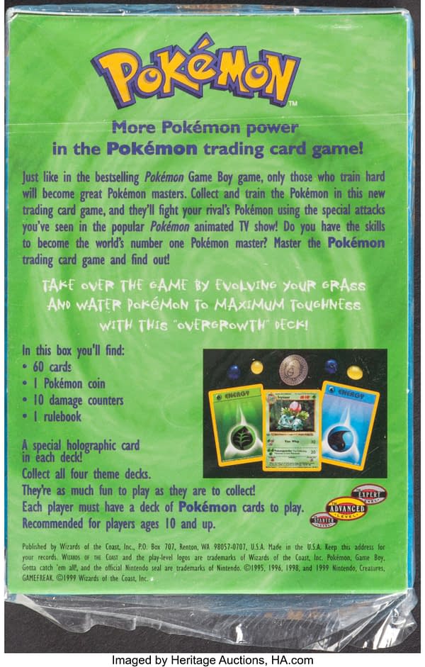 The back face of the sealed Overgrowth theme deck from the Pokémon TCG. Currently available at auction on Heritage Auctions' website.