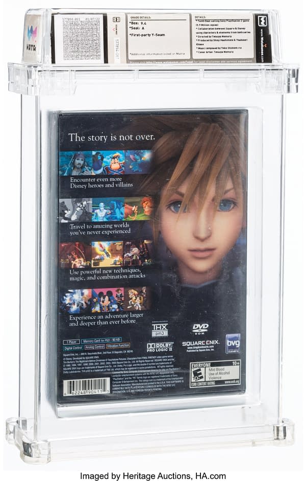 The back face of the graded copy of Kingdom Hearts 2 for the PS2 console. Currently available at auction on Heritage Auctions' website.
