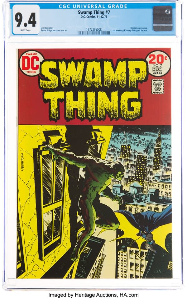 Swamp Thing #7 interior panels featuring Batman, story by Len Wein and Bernie Wrightson, DC Comics 1973. 