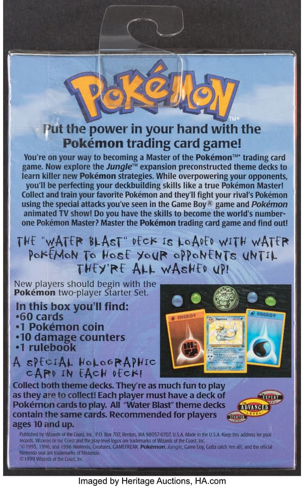 The back of the box for the Water Blast theme deck from the Pokémon TCG. Currently available at auction on Heritage Auctions' website.