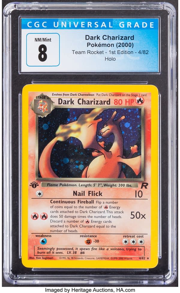 The front face of the graded copy of Dark Charizard from the Rocket expansion of the Pokémon TCG. Currently available at auction on Heritage Auctions' website.