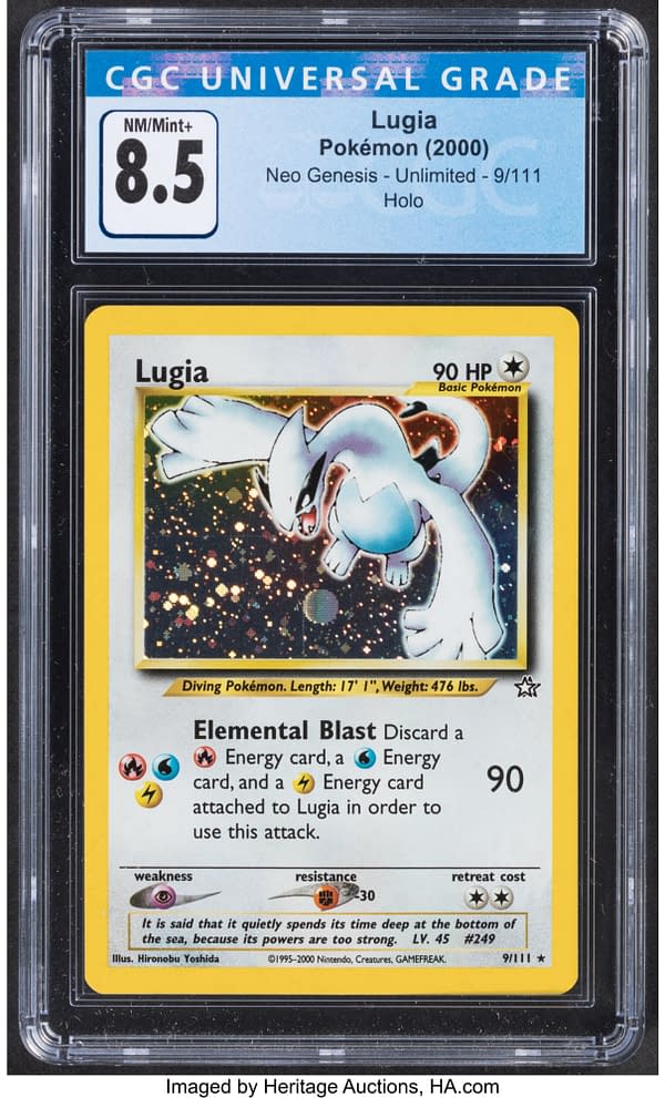 The front face of the copy of Lugia from the Pokémon TCG expansion set known as Neo Genesis. Currently available on auction at Heritage Auctions' website.
