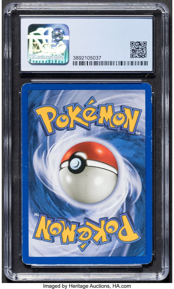 The rear face of the graded Shining Charizard card from Neo Destiny, an expansion set for the Pokémon TCG. Currently available at auction on Heritage Auctions' website.