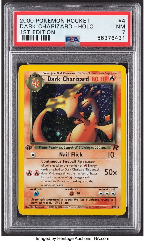 The front face of the 1st Edition copy of Dark Charizard from the Pokémon TCG's Rocket expansion that is currently on auction at Heritage Auctions.