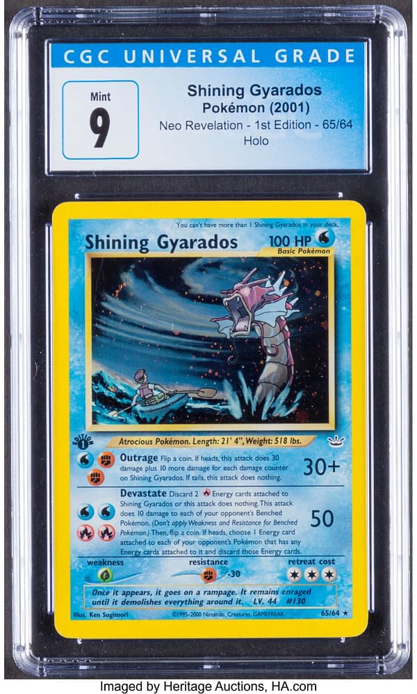 The front face of the graded, 1st Edition copy of Shining Gyarados from the Neo Revelation expansion of the Pokémon TCG. Currently available at auction on Heritage Auctions' website.