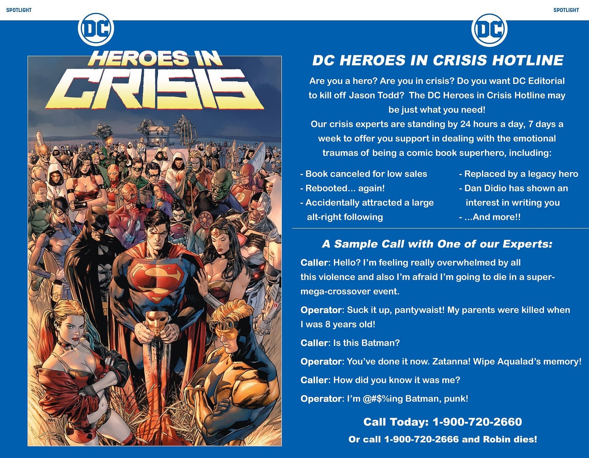 Bathroom Bulletins: DC to Launch Heroes in Crisis Hotline Alongside Super-Mega-Crossover Event