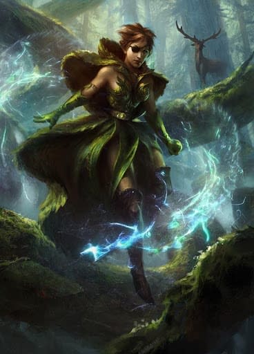 The artwork for Freyalise, Llanowar's Fury, from Magic: The Gathering's Commander 2014 expansion set. Illustrated by Adam Paquette.