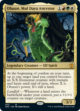 Obuun, Mul Daya Ancestor, a new card from the Land's Wrath Commander deck.