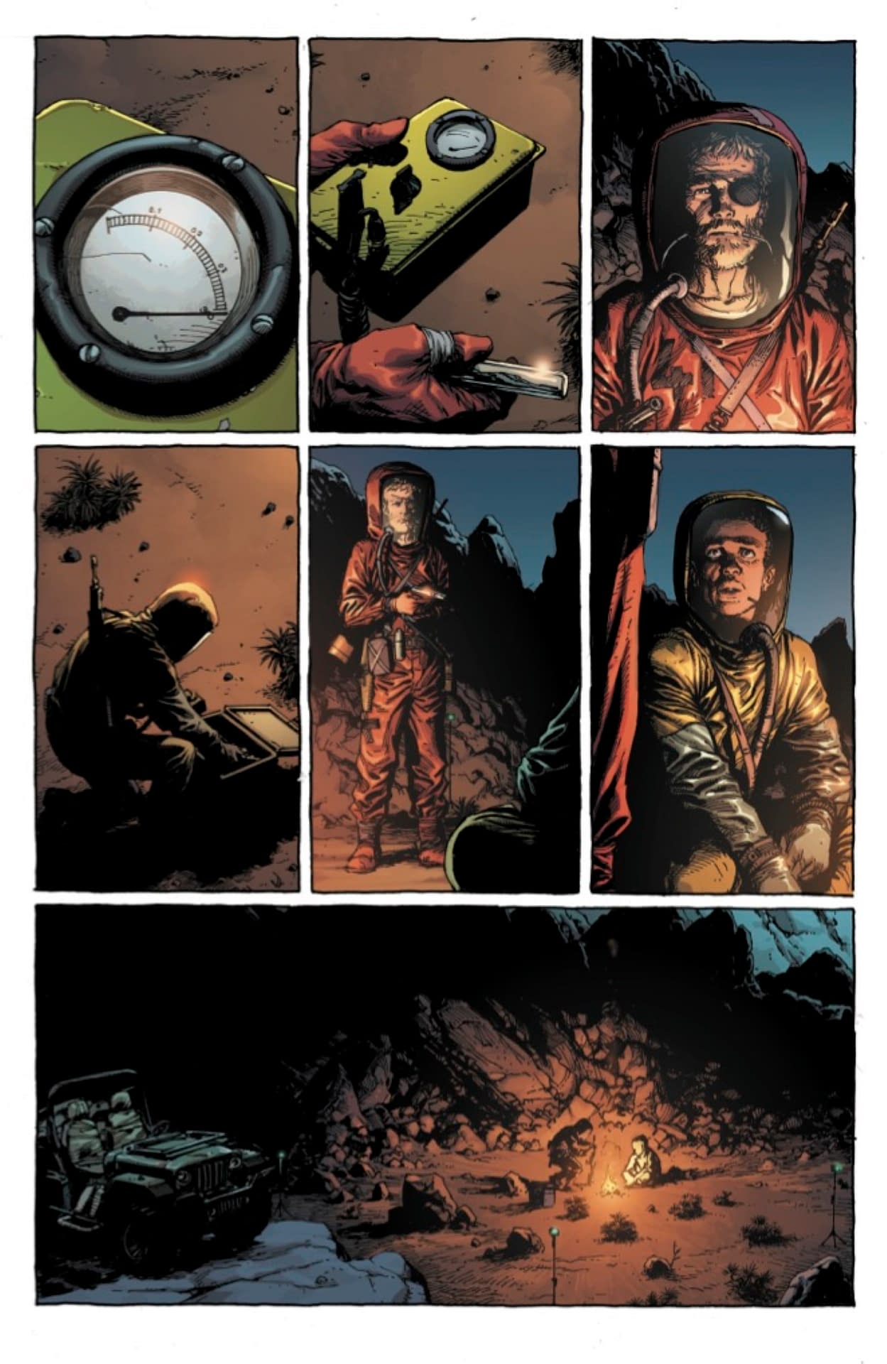 A page from Geiger #1 - featuring two people in hazmat suits sharing a campfire in the wasteland