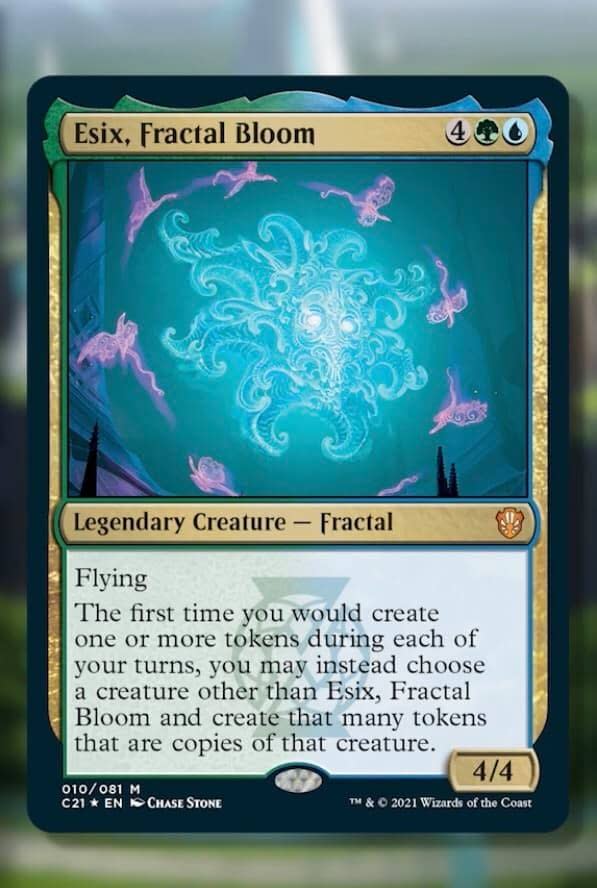 Esix, Fractal Bloom, a new legendary creature from Magic: The Gathering's Commander 2021 release. Image attributed to MTGGoldfish.
