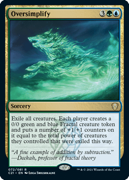 Oversimplify, a new sorcery card from Magic: The Gathering's Commander 2021 release. Image attributed to MTGGoldfish.