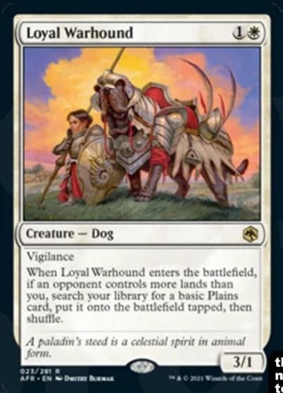 Loyal Warhound, a new white creature spell in Adventures in the Forgotten Realms, the upcoming set for Magic: The Gathering.