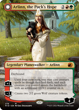 The front face for Arlinn, the Pack's Hope, a card from Magic: The Gathering's next set, Innistrad: Midnight Hunt.