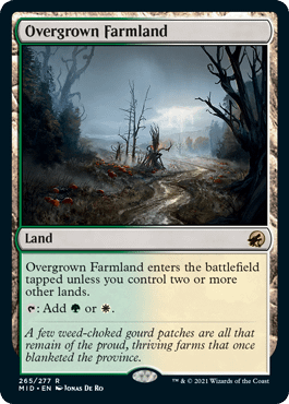 Overgrown Farmland, part of a new nonbasic cycle of allied-color lands from Innistrad: Midnight Hunt, the next set for Magic: The Gathering.