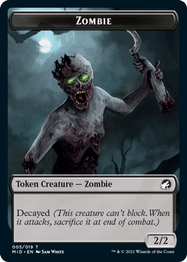 A Zombie creature token with Decayed, from Innistrad: Midnight Hunt, the next set for Magic: The Gathering.