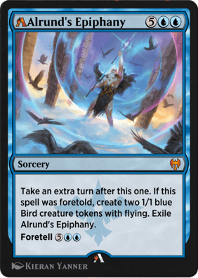 Alrund's Epiphany, rebalanced for the Alchemy format. Image attributed to Wizards of the Coast for Magic: The Gathering.