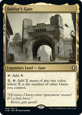 Baldur's Gate, the eponymous legendary land card from this set, which is a supplemental set for Magic: The Gathering.