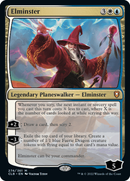 Elminster, a new planeswalker card from Commander Legends 2: Battle for Baldur's Gate, a new supplemental expansion set for Magic: The Gathering.