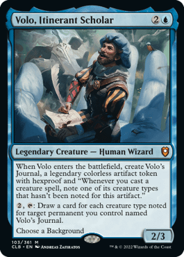 Volo, Itinerant Scholar, a new legendary creature card from Commander Legends 2: Battle for Baldur's Gate, a new set for Magic: The Gathering.