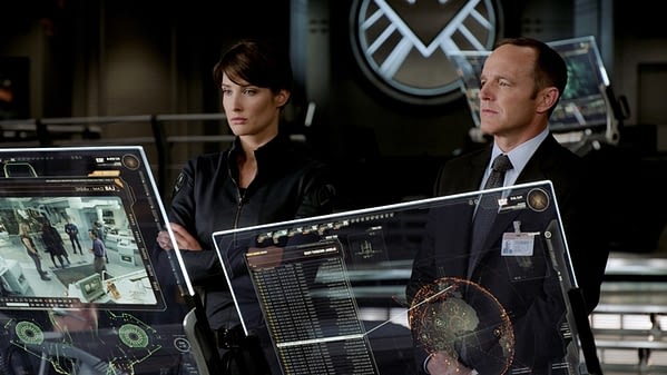 Maria Hill (Cobie Smulders) and Phil Coulson (Clark Gregg) in Marvel's The Avengers.